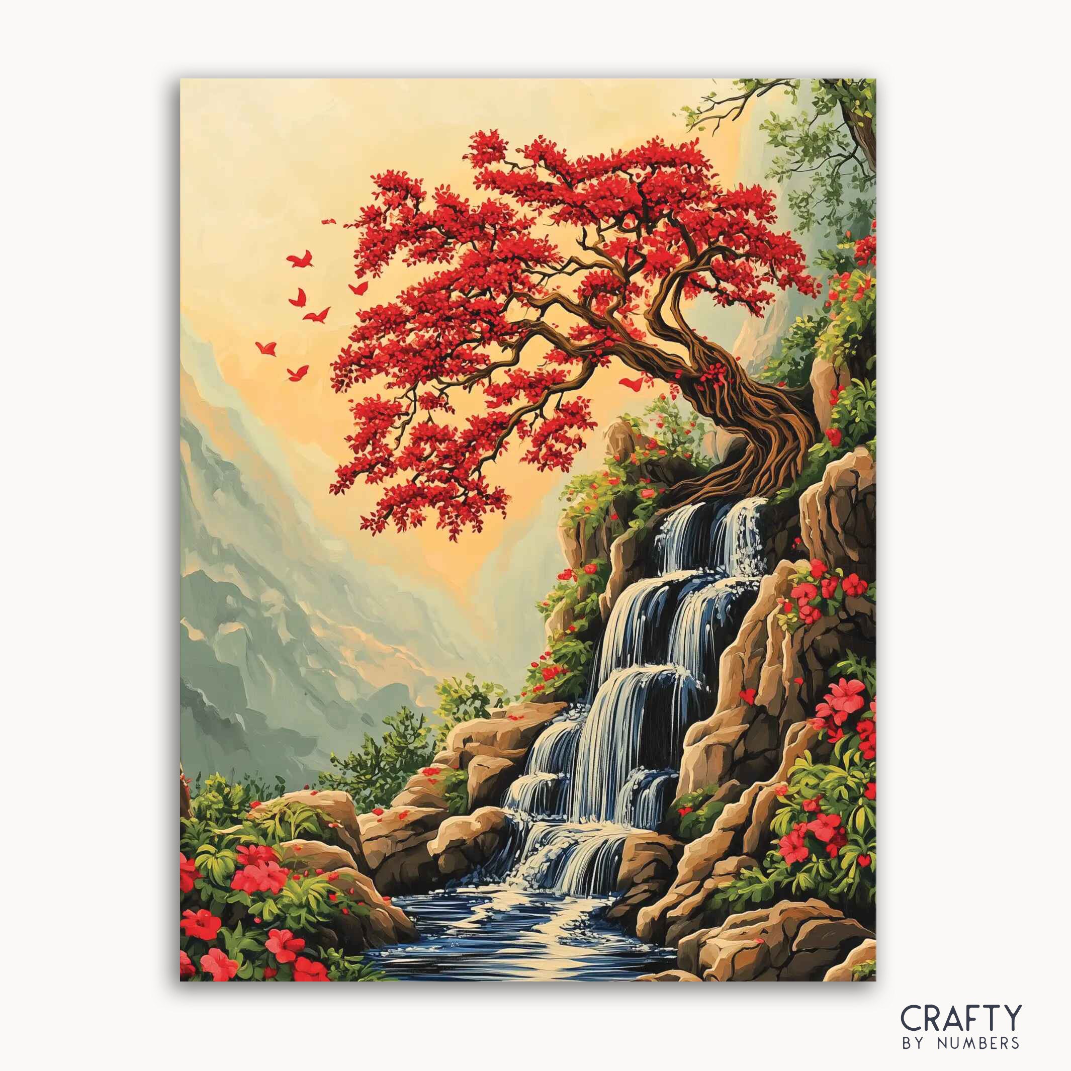 A paint-by-numbers kit depicting a vibrant mountain landscape with a cascading waterfall and a crimson tree.