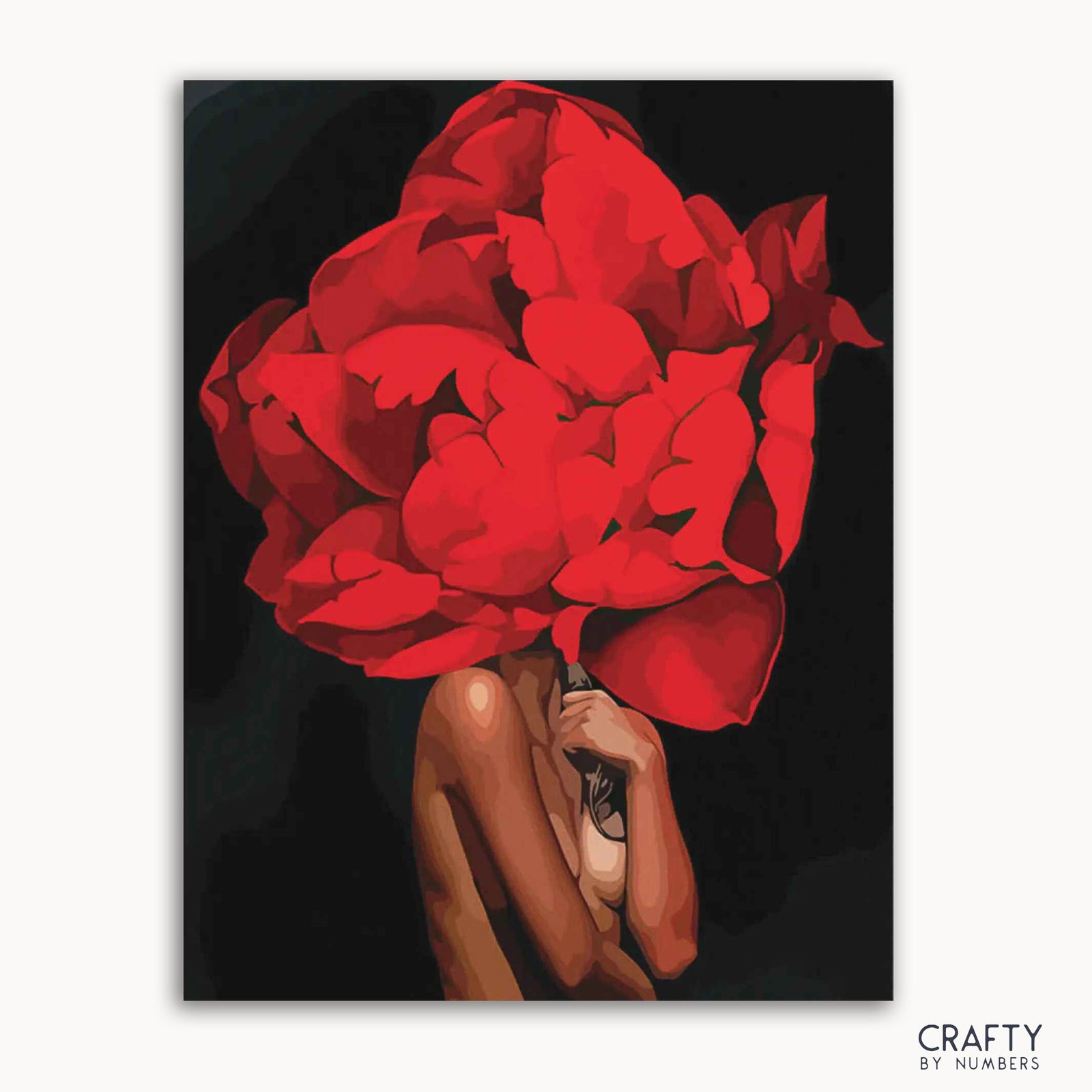 Un kit de pintura por números en lienzo que presenta a una persona con un tocado floral rojo sobre un fondo negro.