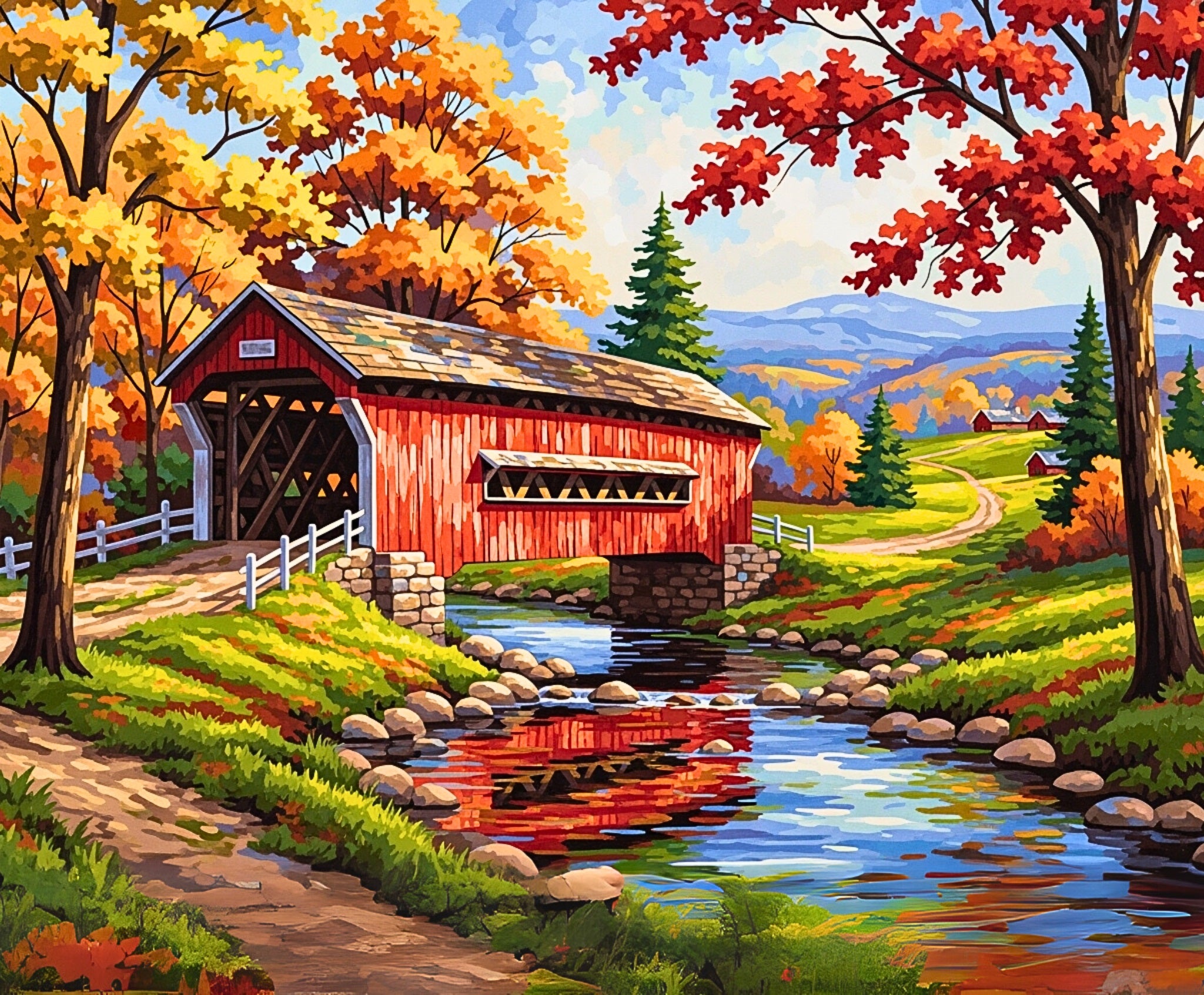 Painting of a red covered bridge in a scenic autumn landscape with trees and a stream.