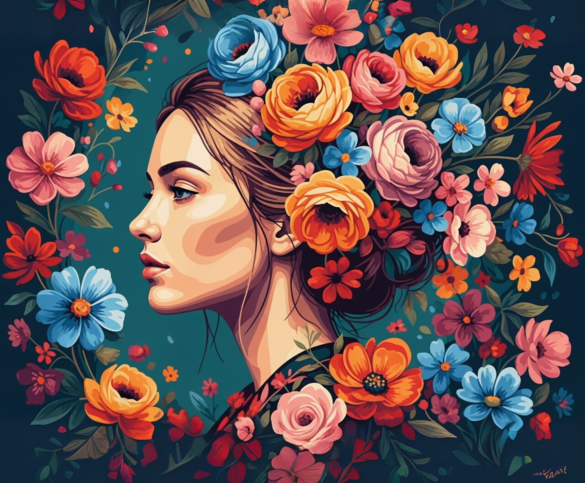 Woman's face surrounded by colorful flowers on a dark background