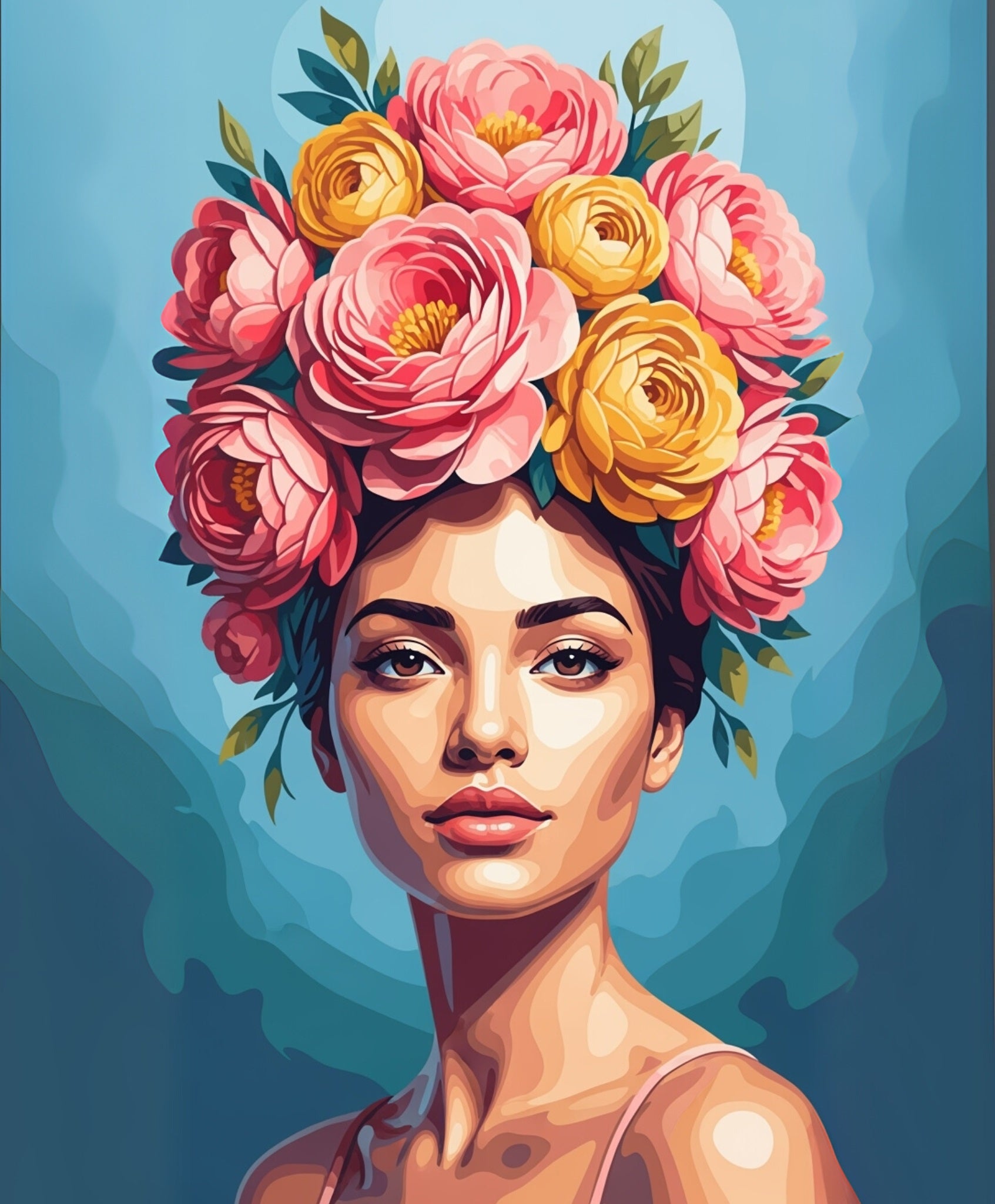 Woman with a floral headpiece against a blue background