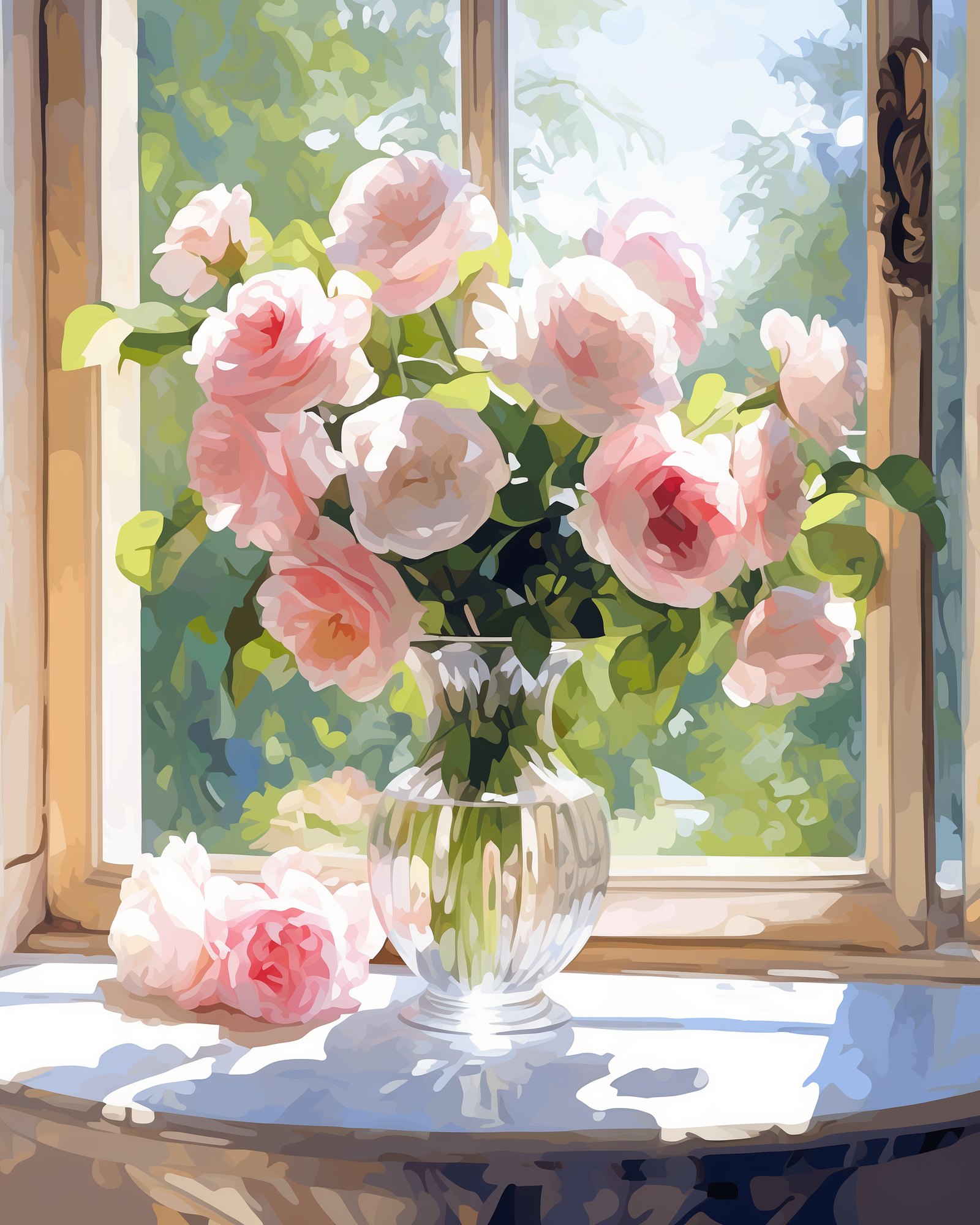 A painting of pink peonies in a crystal vase placed on a windowsill, with greenery visible outside the window.