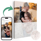 A custom paint by numbers kit, where a user can upload their own photo to create a personalized painting. The image shows a canvas with a child hugging a pet, indicating a custom painting based on a photo.