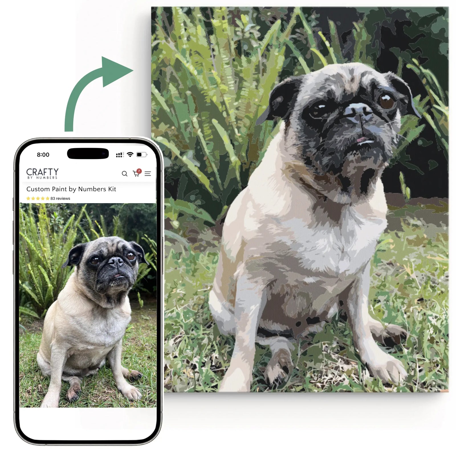 Custom Paint by Numbers Kit from pet photo showing transformation of a dog into a personalized painting