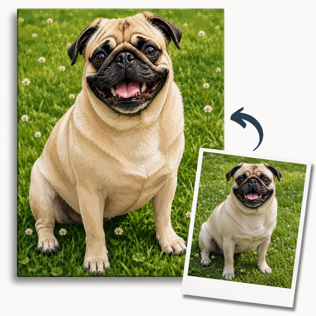 Pug dog sitting on grass custom paint by numbers kit with image of reference