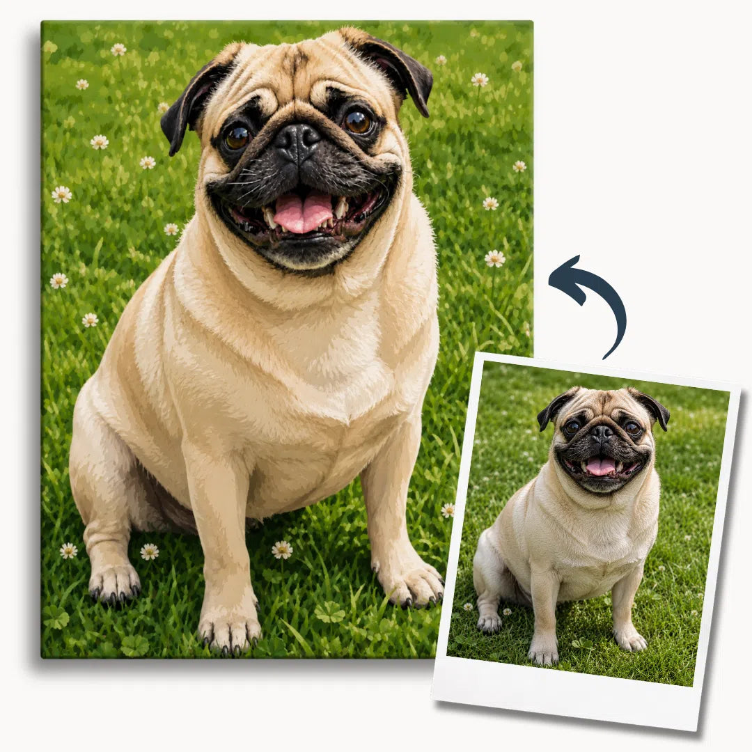 Pug dog sitting on grass custom paint by numbers kit with image of reference