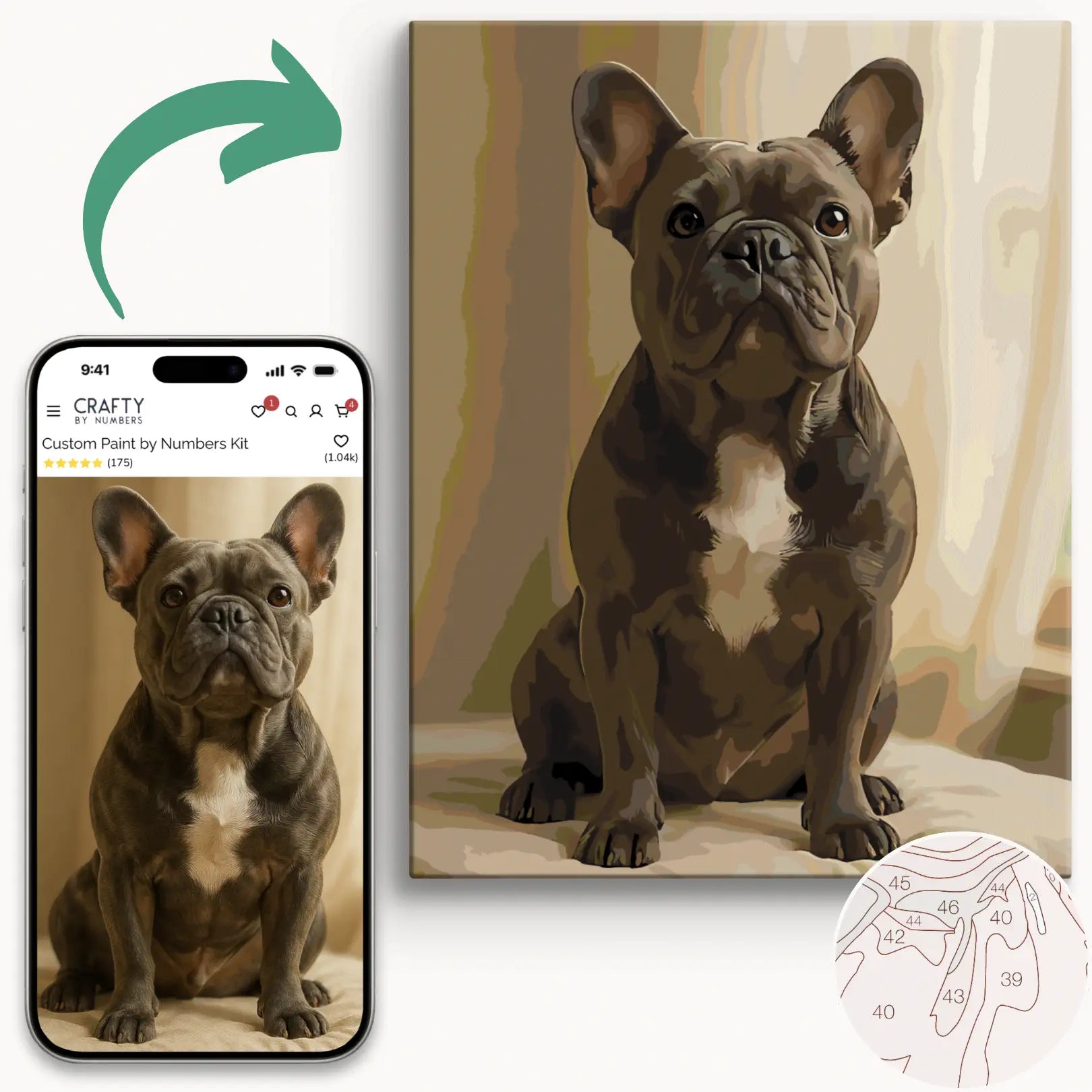 Phone displaying a dog painting app with a completed dog painting on the right.