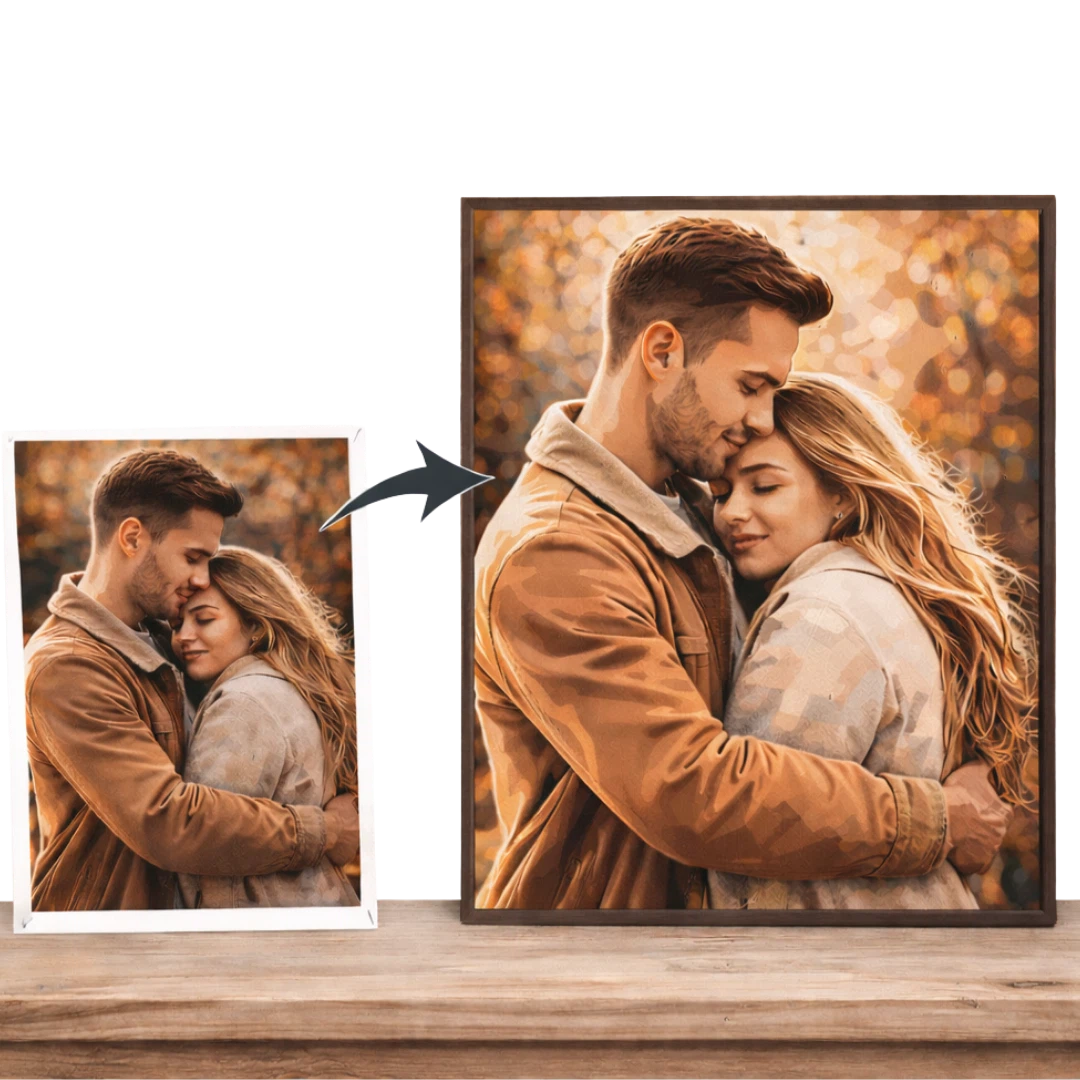 Custom paint by numbers of a couple hugging, the before and after painting