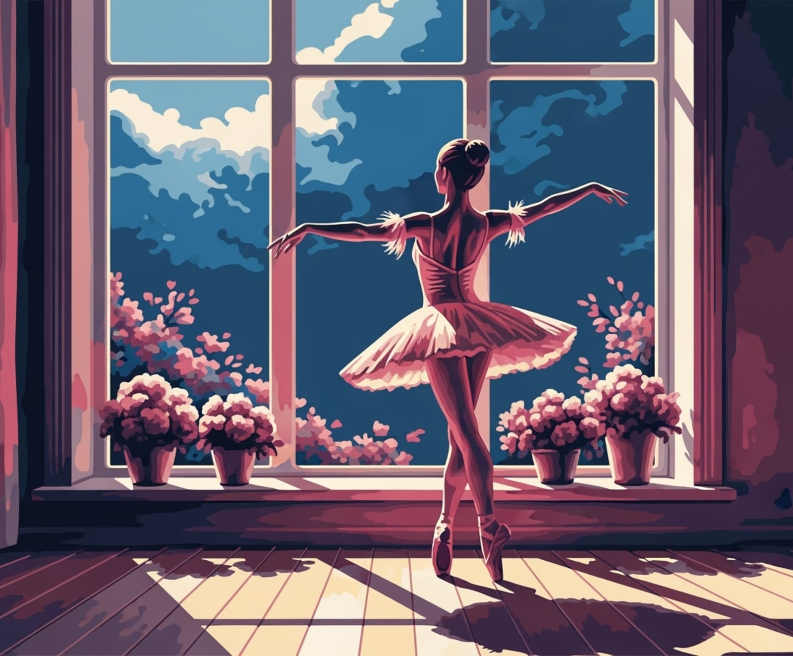 Bailarina en tutú parada junto a una ventana con flores en el alféizar de la ventana.