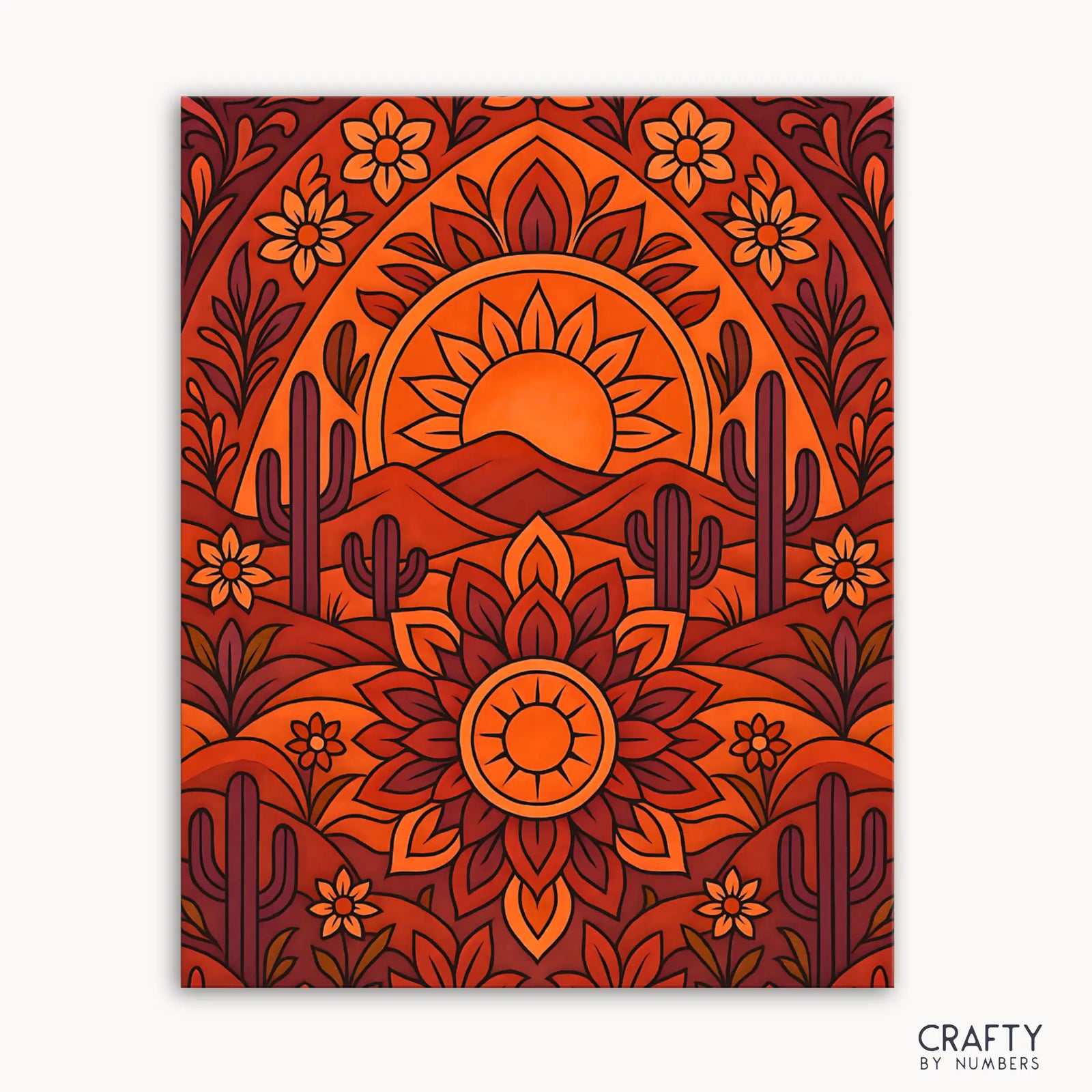 Malen-nach-Zahlen-Set „Wüstenmandala“ mit einem warmen Mandala-Design mit Sonnenmotiven, blühenden Kakteen und Blumenmustern in Erdtönen