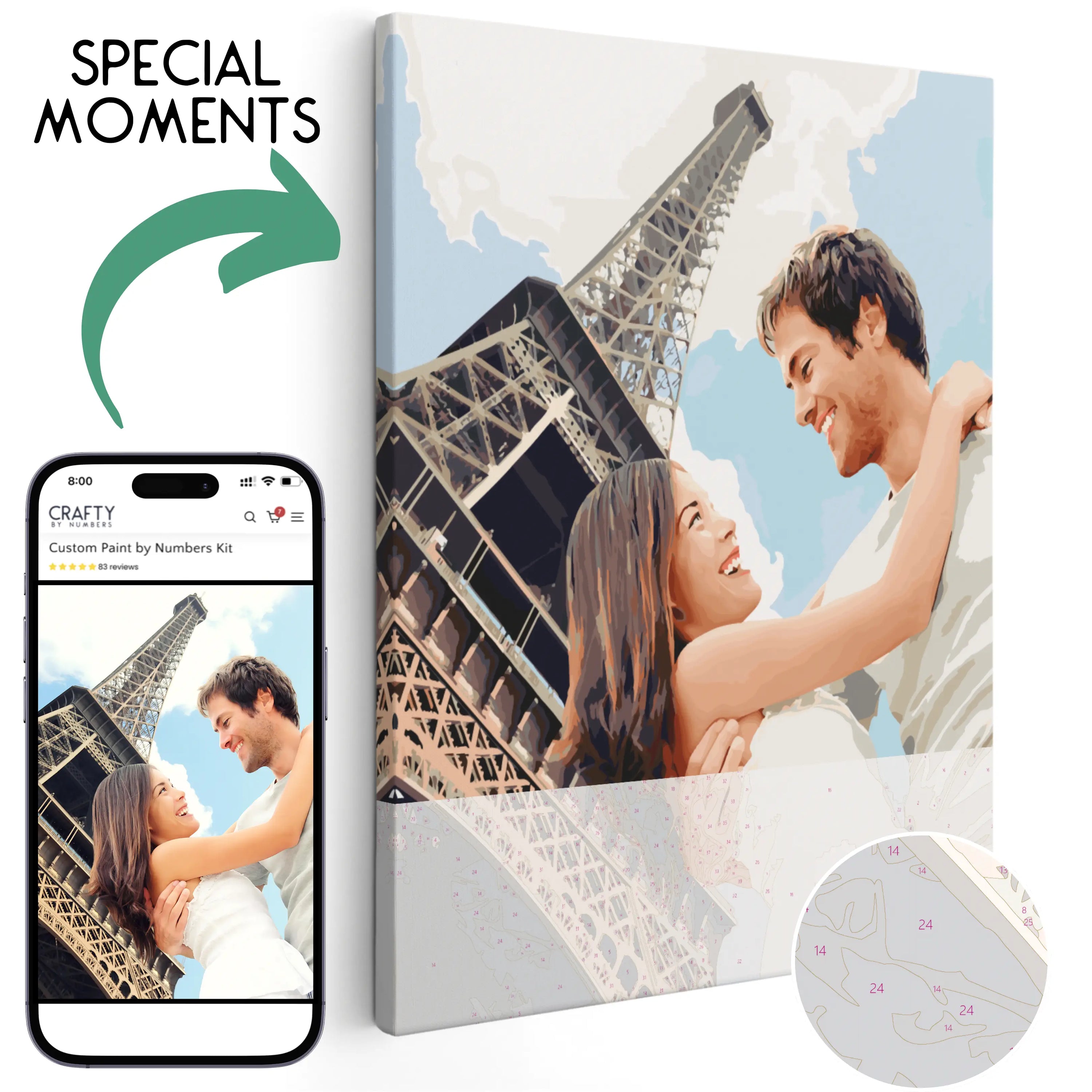 A custom paint by numbers kit with a couple embracing in front of the Eiffel Tower, indicating the kit includes a canvas with numbered sections for painting.