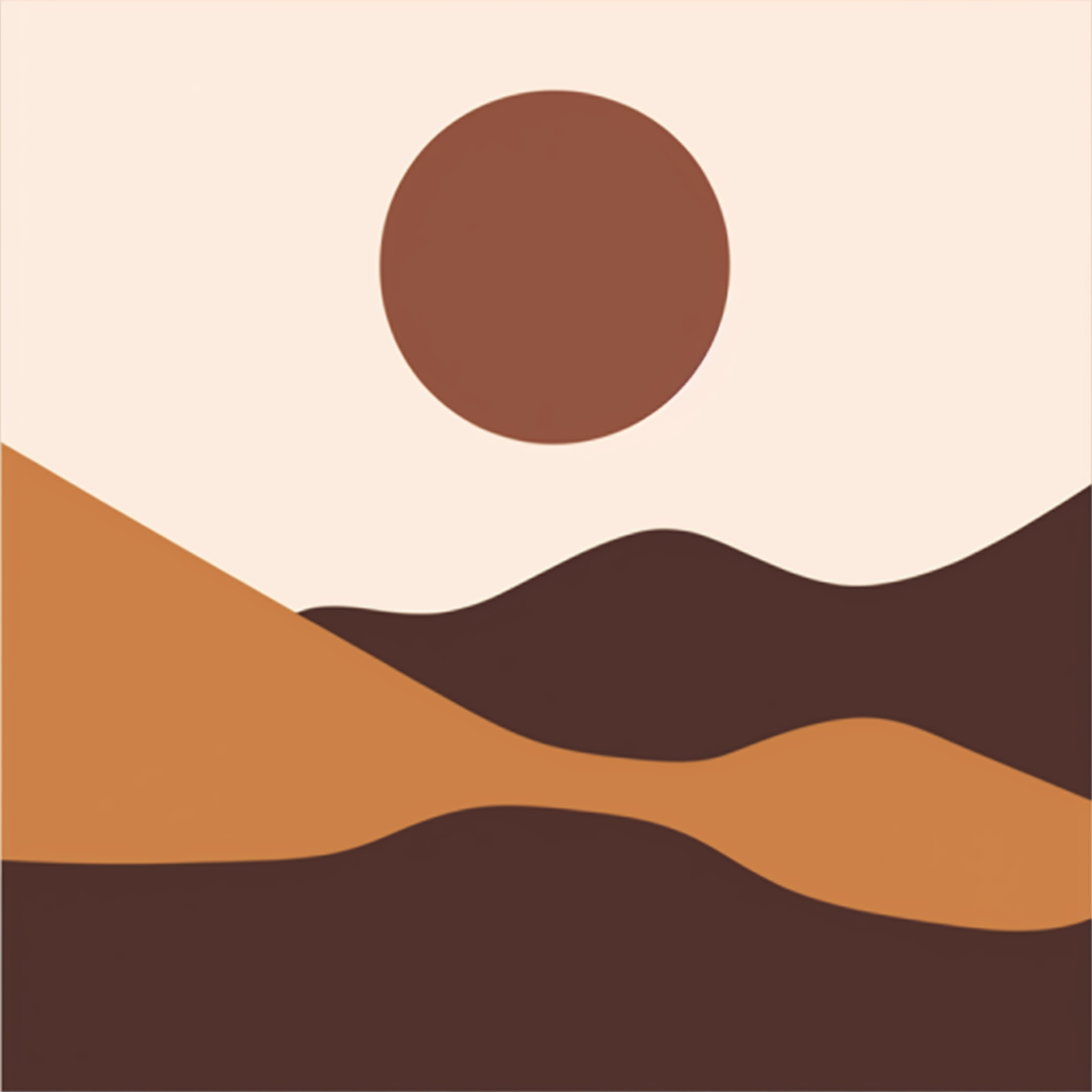 A minimalist paint by numbers kit depicting a desert landscape with sand dunes and a sun in the background.