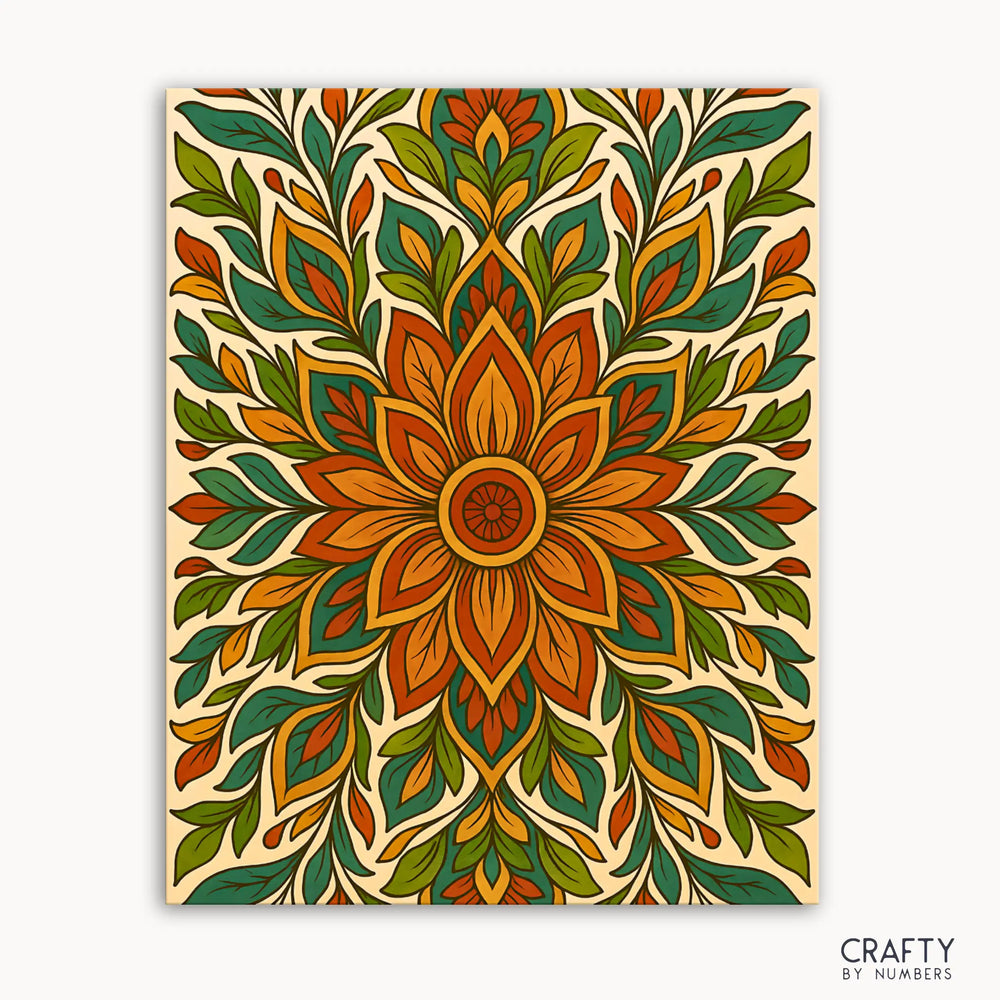 Earthsong Mandala Paint by Numbers kit featuring a botanical mandala with flowing shades of amber, olive, and teal, evoking harmony and balance inspired by nature