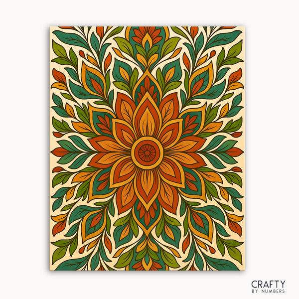 Earthsong Mandala Paint by Numbers kit featuring a botanical mandala with flowing shades of amber, olive, and teal, evoking harmony and balance inspired by nature