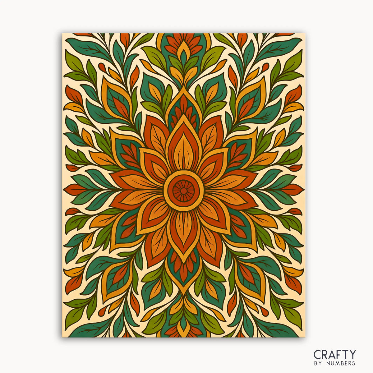 Kit de peinture par numéros Earthsong Mandala comprenant un mandala botanique avec des nuances fluides d'ambre, d'olive et de sarcelle, évoquant l'harmonie et l'équilibre inspirés par la nature.