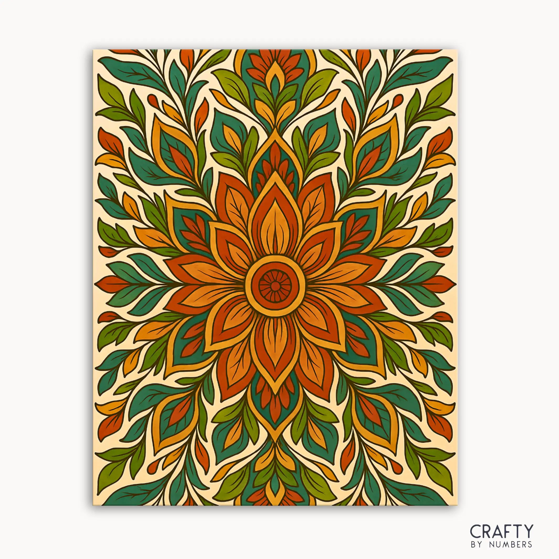 Earthsong Mandala Paint by Numbers kit featuring a botanical mandala with flowing shades of amber, olive, and teal, evoking harmony and balance inspired by nature