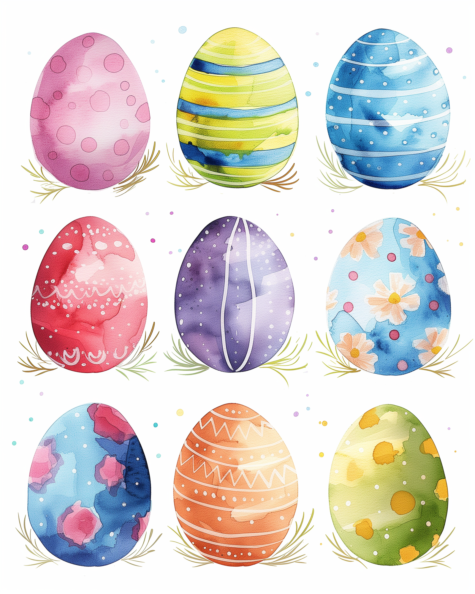 A collection of nine Easter egg designs with unique watercolor-inspired patterns, arranged in a 3x3 grid, against a white background.