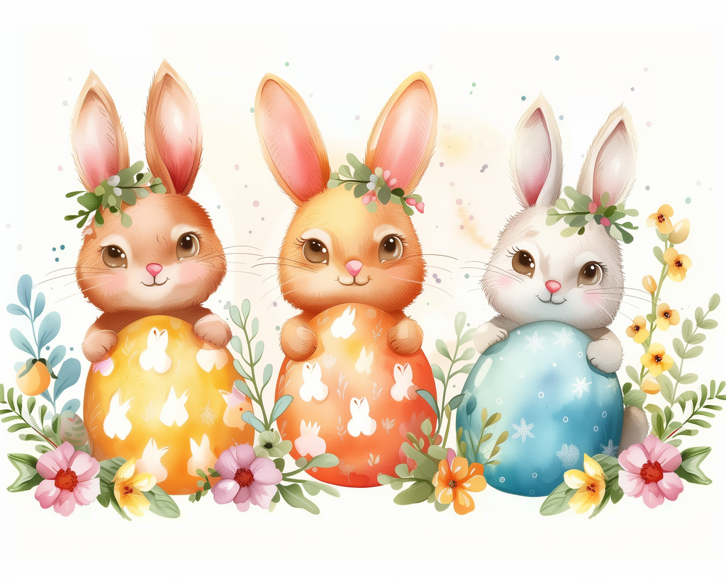 A canvas with a painting of three stylized rabbits holding colorful Easter eggs, surrounded by spring flowers.