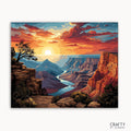 Ein Malen-nach-Zahlen-Set, das einen feurigen Sonnenuntergang über einer Canyonlandschaft mit Klippen und einem gewundenen Fluss zeigt.