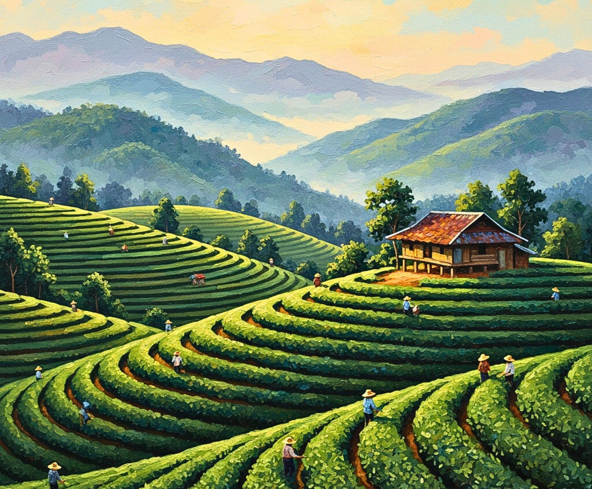 Sweeping view of a tea plantation with terraces and a wooden house, surrounded by mountains.