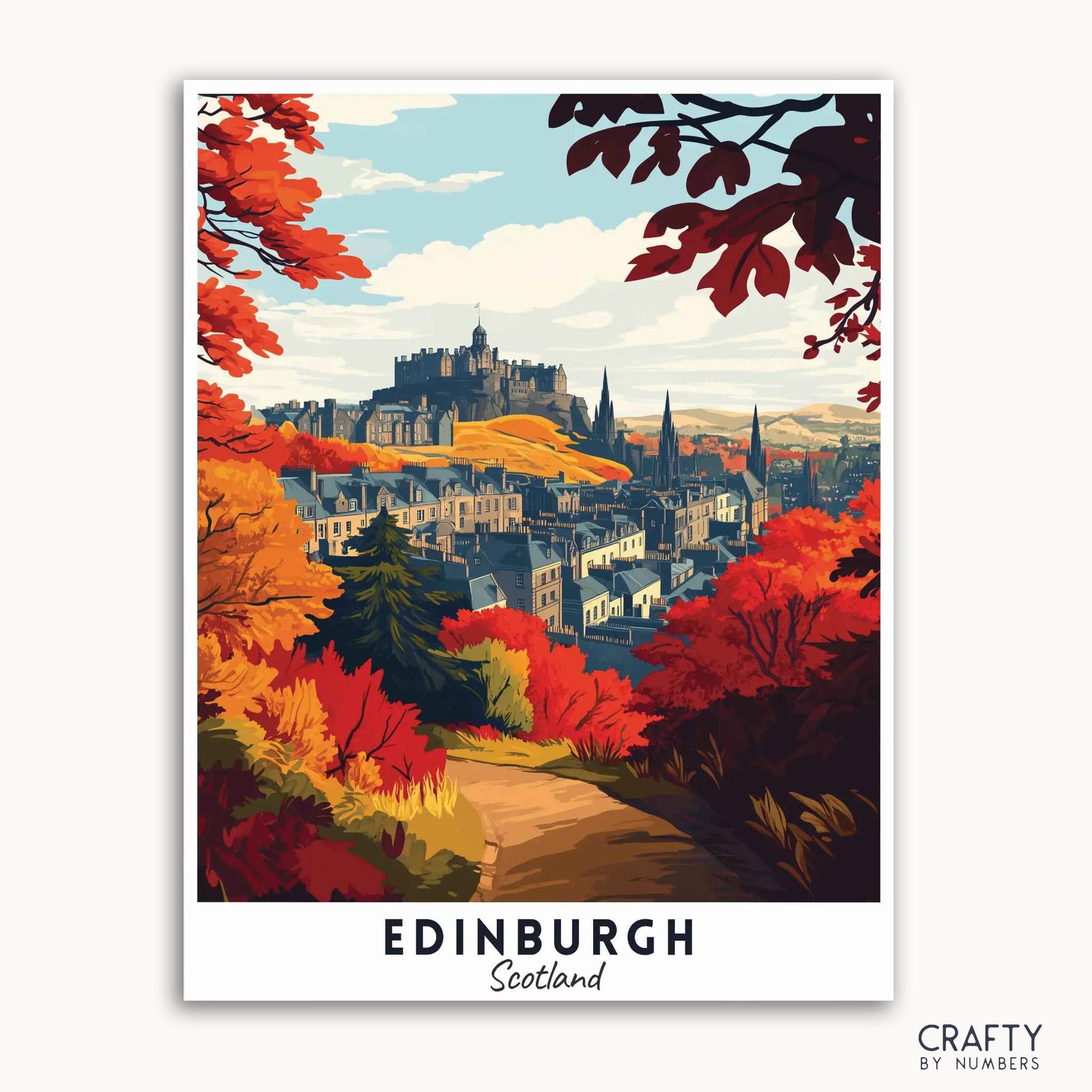 A paint by numbers kit depicting Edinburgh, Scotland, with the iconic Edinburgh Castle, surrounded by autumn leaves in red and orange colors, and the cityscape in the background.