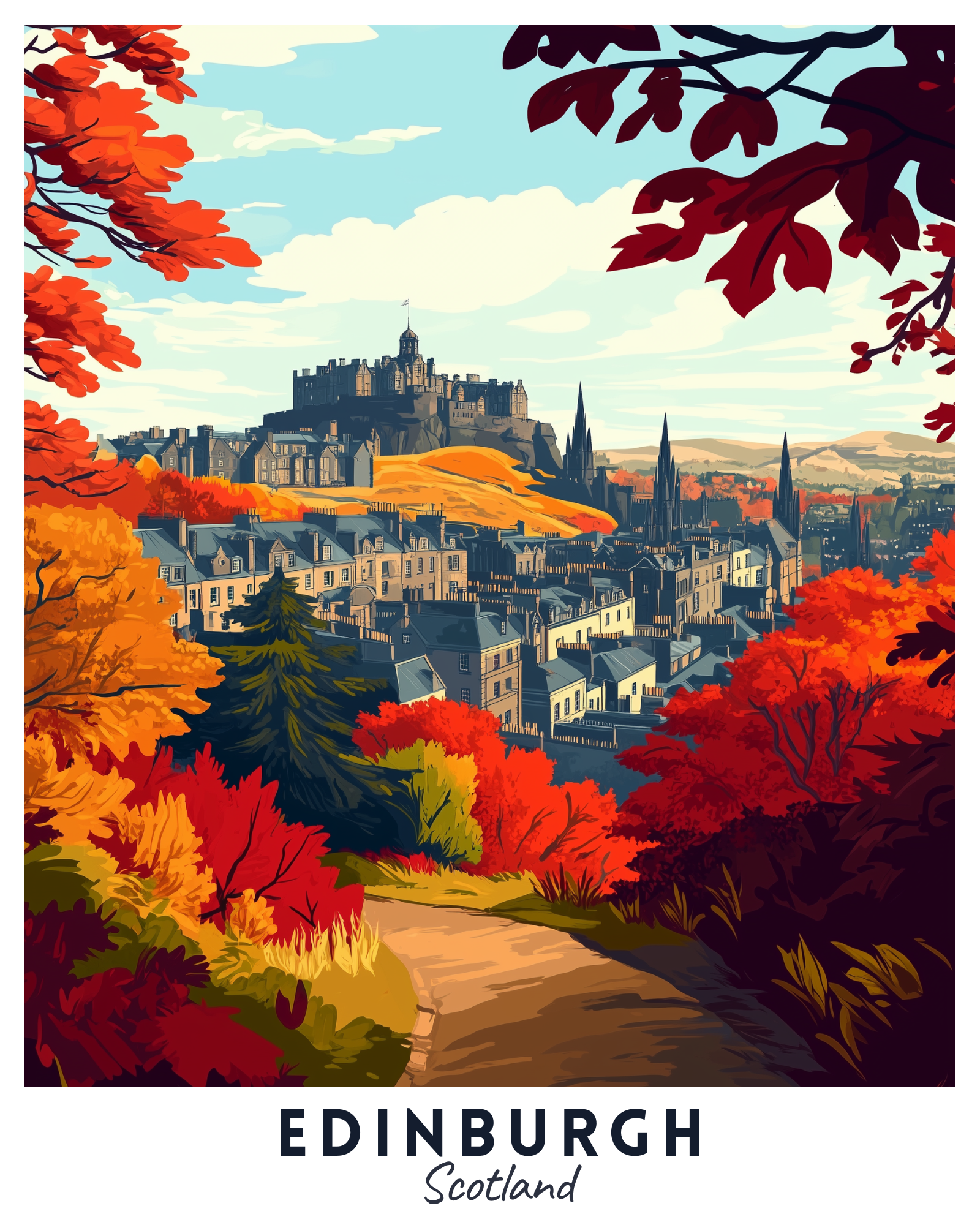 A paint by numbers kit depicting Edinburgh, Scotland, with the iconic Edinburgh Castle, surrounded by autumn leaves in red and orange colors, and the cityscape in the background.