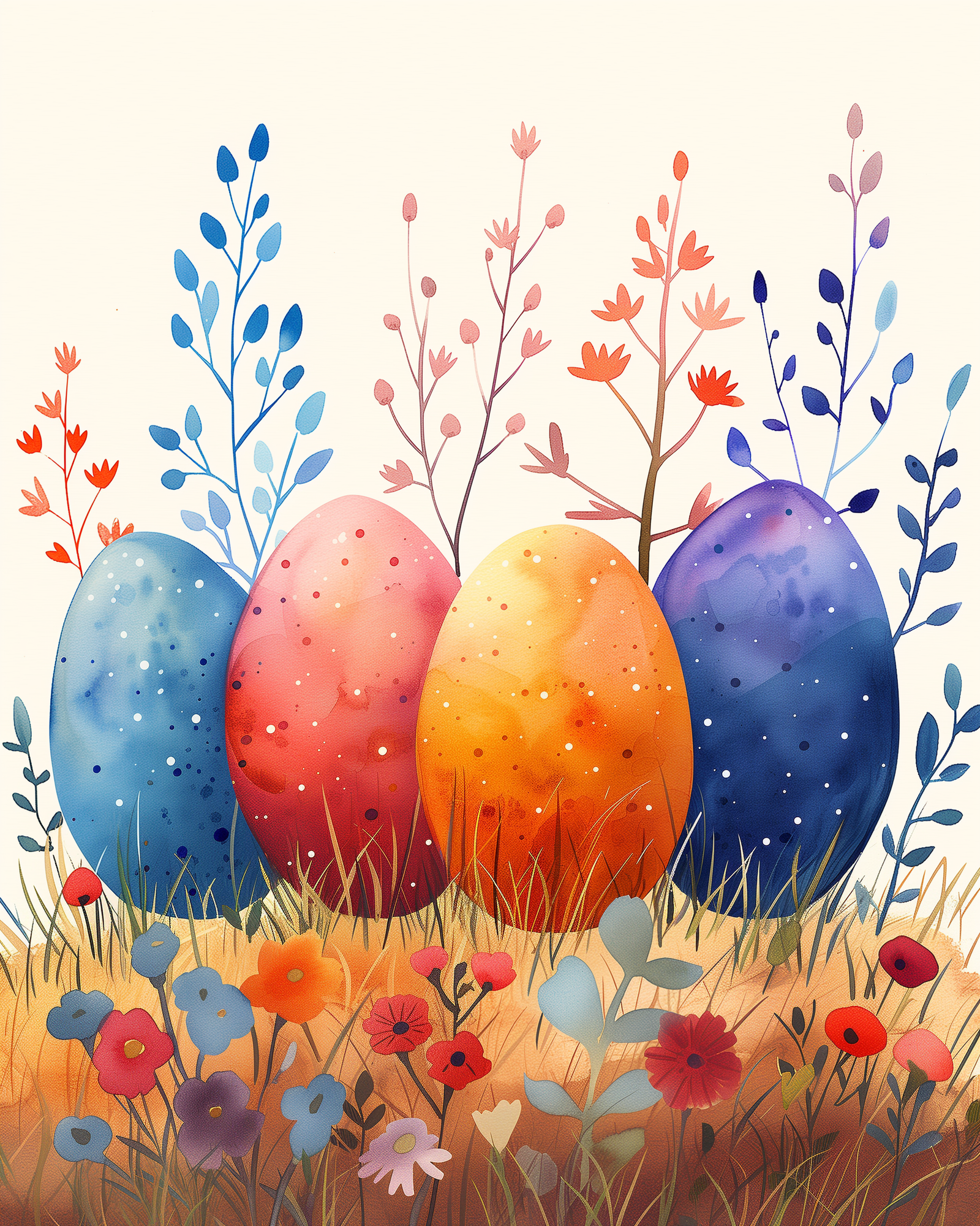 Un kit de pintura por números que representa un fondo floral con tres coloridos huevos de Pascua en primer plano.