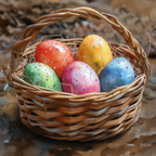 A paint by numbers kit depicting a basket filled with colorful speckled eggs, representing the Easter holiday.