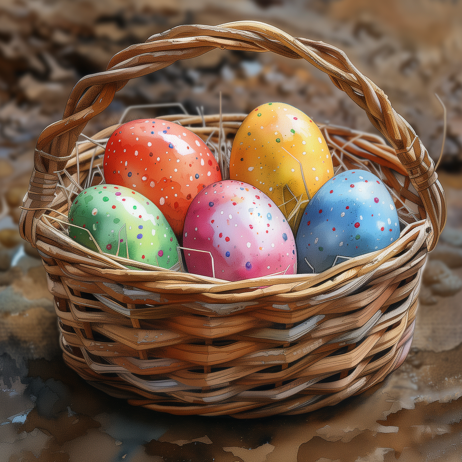 Un kit de pintura por números que representa una canasta llena de huevos moteados de colores, que representan las vacaciones de Pascua.