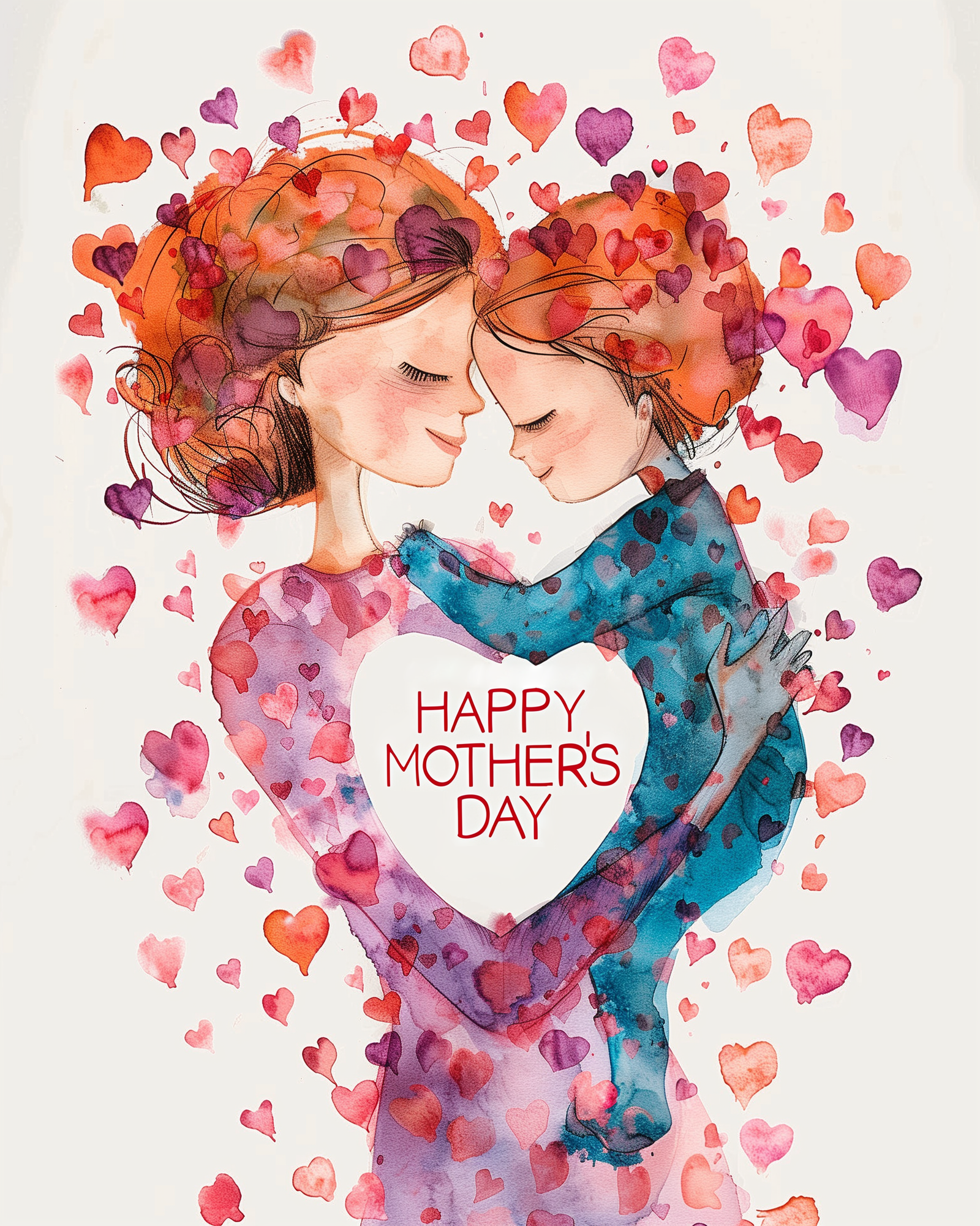 A paint-by-numbers kit depicting a mother embracing her child, with a background of multicolored hearts, and the text 'Happy Mother's Day'.