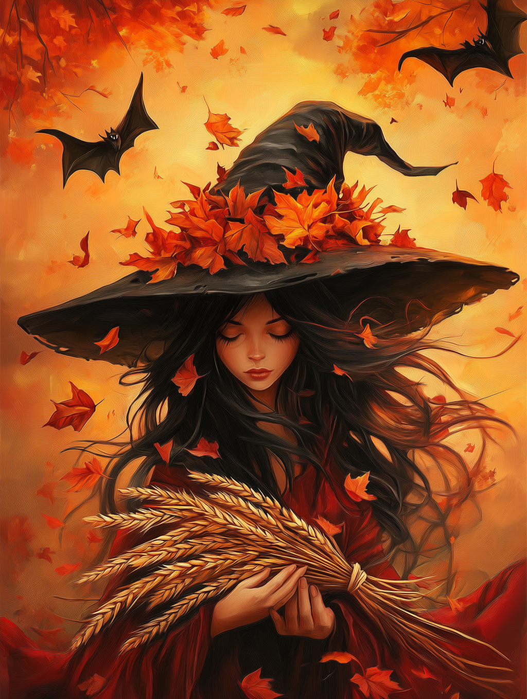 Una imagen de kit de pintura por números que muestra una bruja otoñal con un sombrero adornado con hojas, rodeada de murciélagos, sobre un fondo otoñal naranja y rojo.