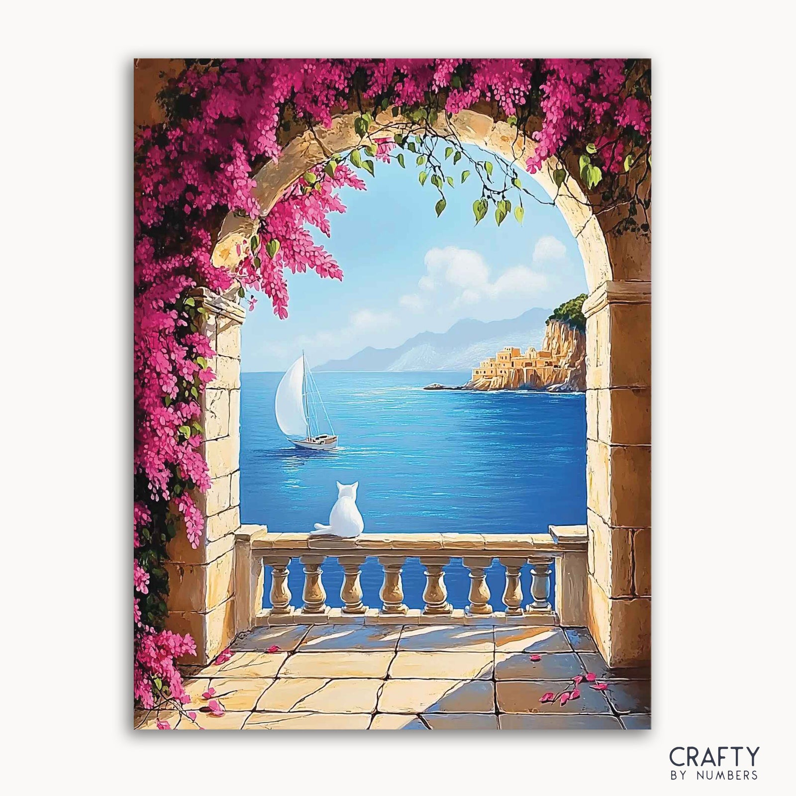 Une image en kit de peinture par numéros représentant une arche en pierre avec des bougainvilliers, menant à une scène avec une mer bleue et un voilier.