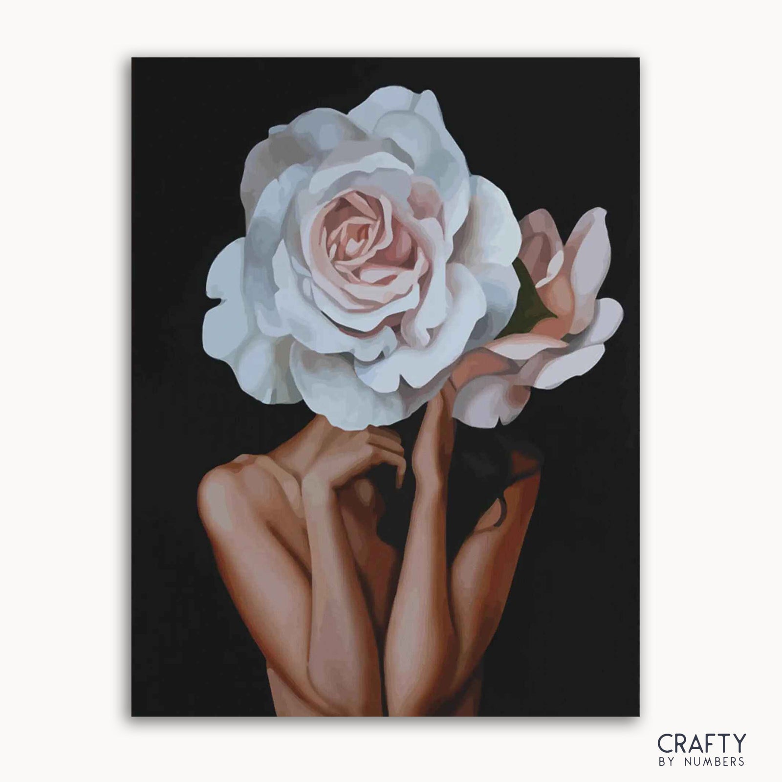 Ein Malen-nach-Zahlen-Set auf Leinwand mit einer Frau, die eine weiße Rose auf schwarzem Hintergrund hält und auf dem die Marke „Crafty by Numbers“ sichtbar ist.