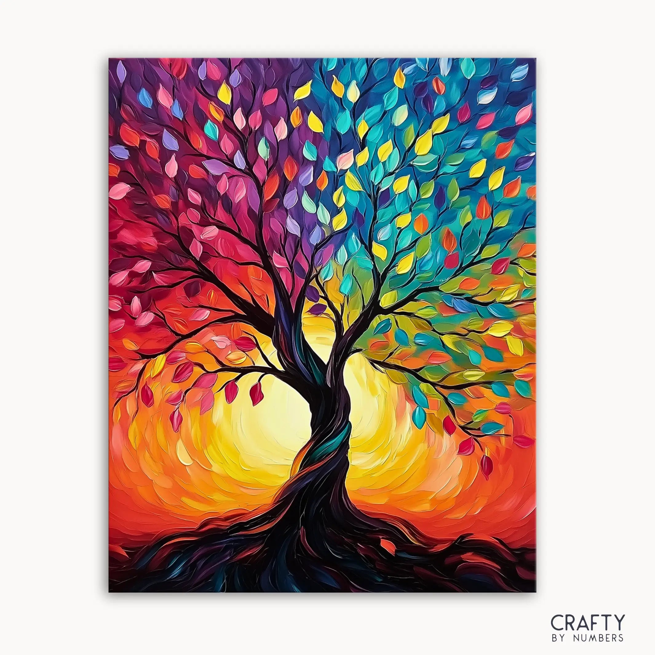 A vibrant painting of a tree with multicolored leaves in shades of blue, pink, orange, and green, against a sunset or sunrise sky.