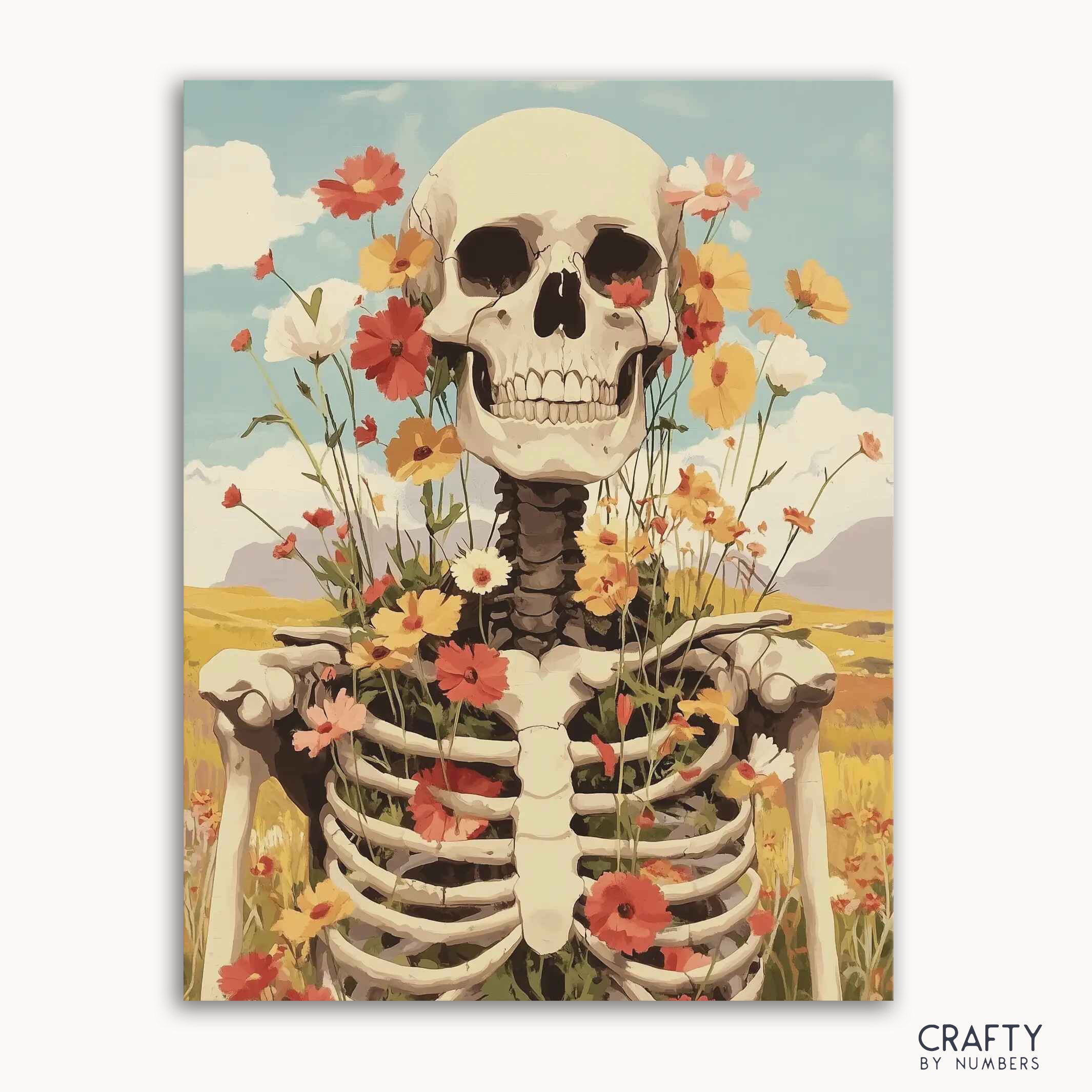A paint by numbers kit depicting a skeleton with floral designs on a framed canvas.