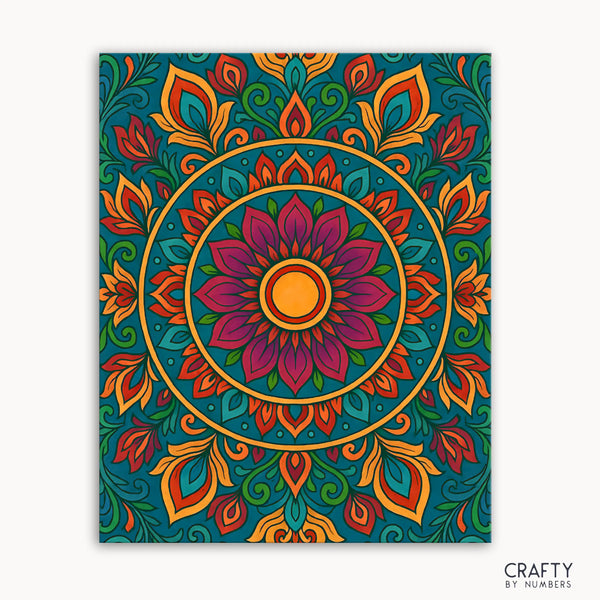 Eternal Flame Mandala Paint by Numbers kit featuring a vibrant mandala centered around a golden sun with bold purples, oranges, and greens radiating passion and energy