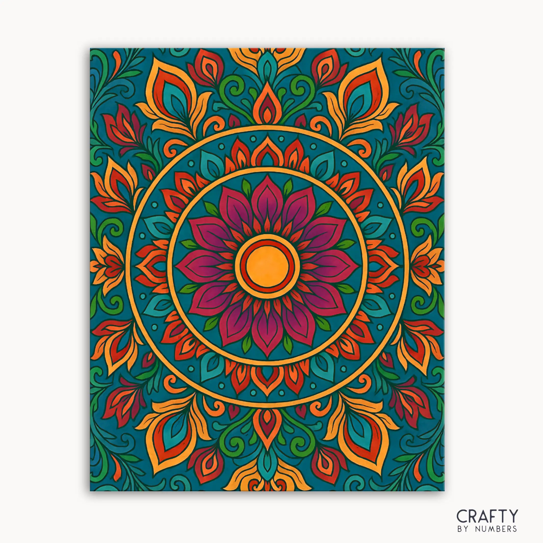 Eternal Flame Mandala Paint by Numbers kit featuring a vibrant mandala centered around a golden sun with bold purples, oranges, and greens radiating passion and energy