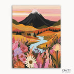 A paint-by-numbers kit depicting a vibrant spring scene with flowers and mountains.