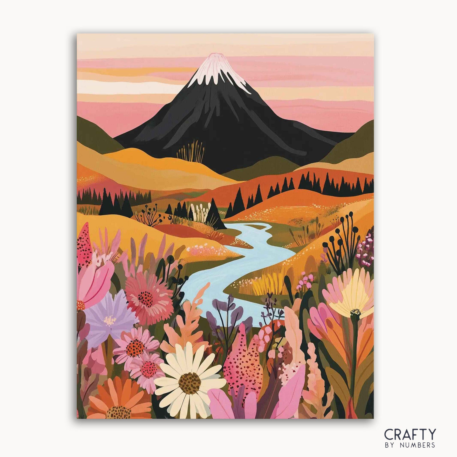Un kit de pintura por números que representa una vibrante escena primaveral con flores y montañas.