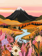A paint-by-numbers kit depicting a vibrant floral field with a mountain in the background, representing the 'Eternal Spring' theme.