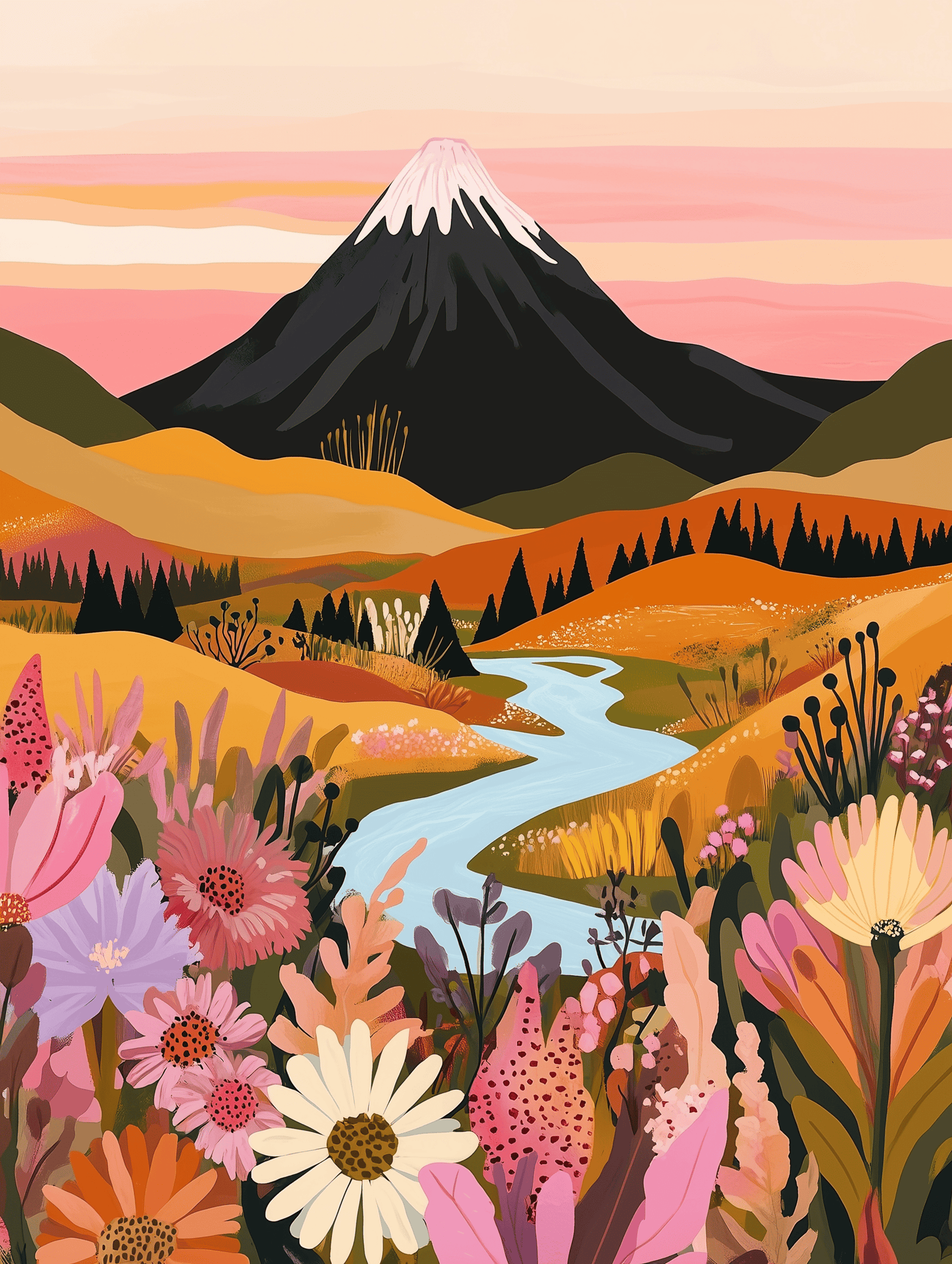Un kit de pintura por números que representa un vibrante campo floral con una montaña de fondo, que representa el tema "Eterna Primavera".