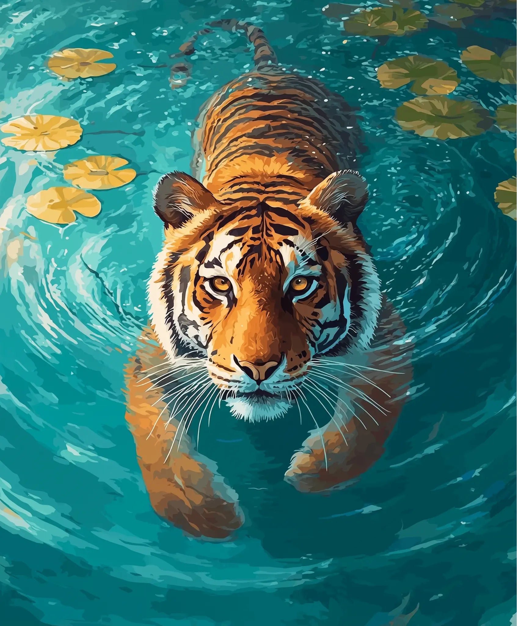 Tiger swimming in water with lily pads