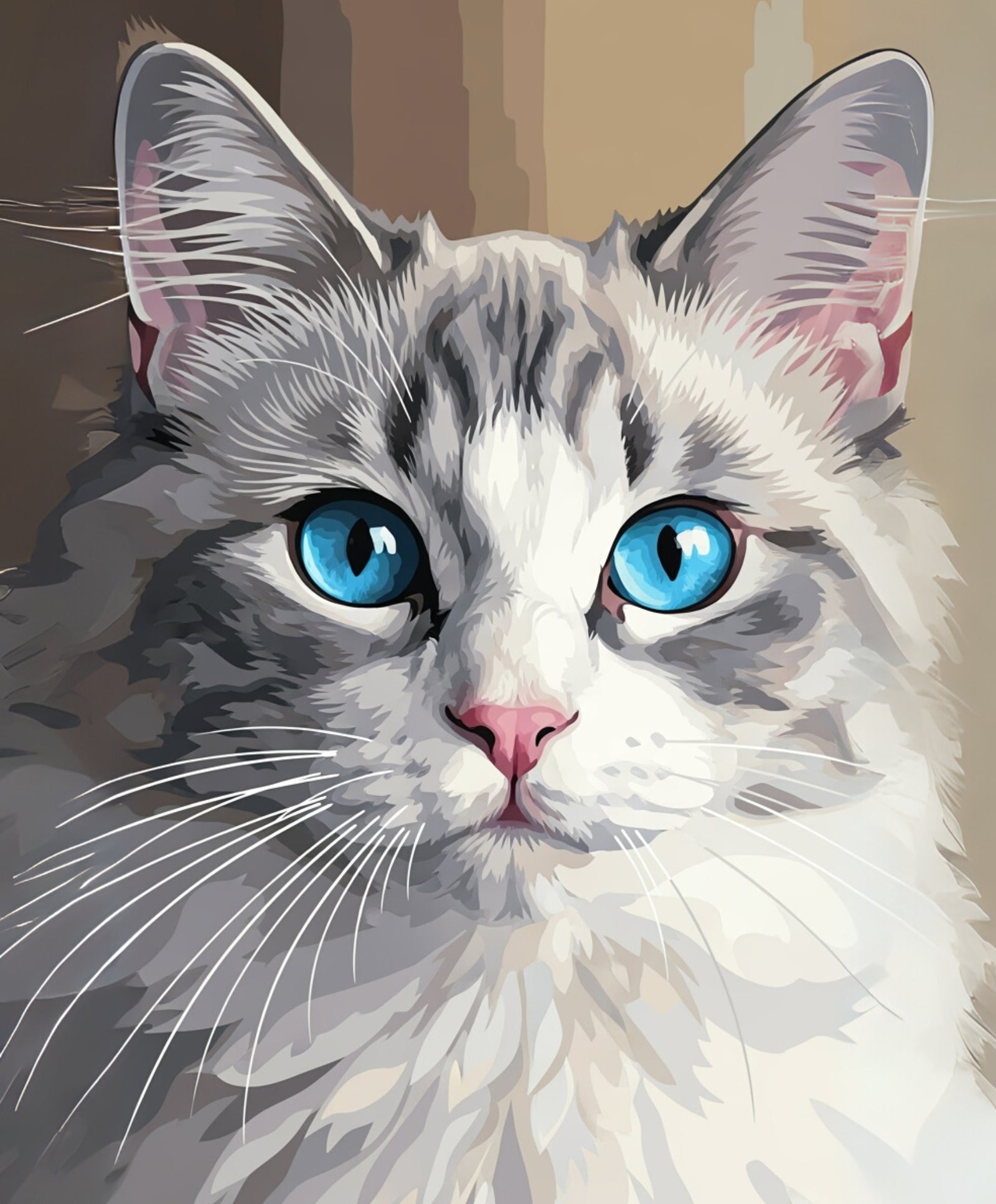 Künstlerische Illustration einer Katze mit blauen Augen und rosa Nase.
