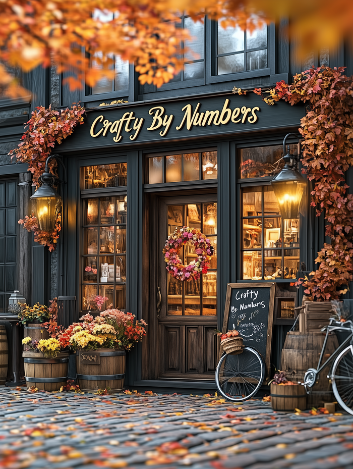 A paint-by-numbers kit depicting a cozy autumn storefront scene with pumpkins, fall foliage, and a sign reading 'Crafty By Numbers'.