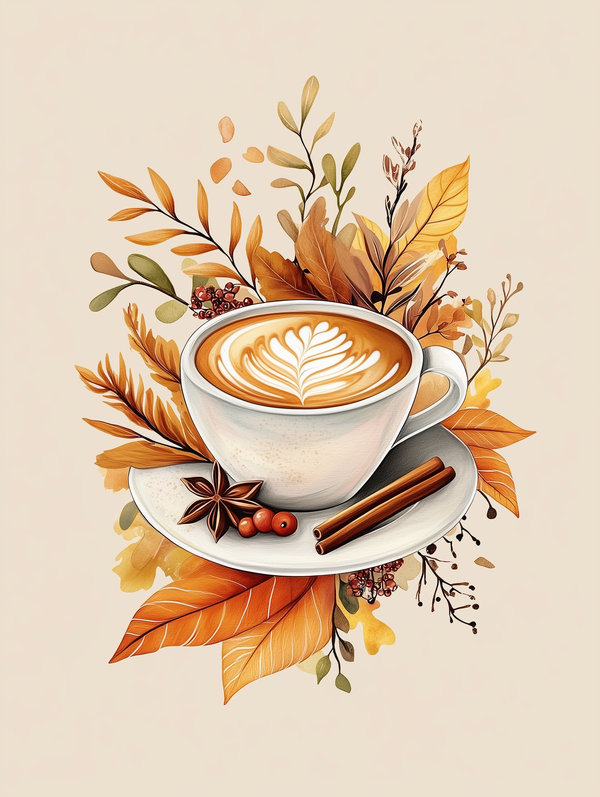 A paint-by-numbers kit image featuring a steaming cup of coffee or latte, surrounded by autumn leaves, cinnamon sticks, and anise.