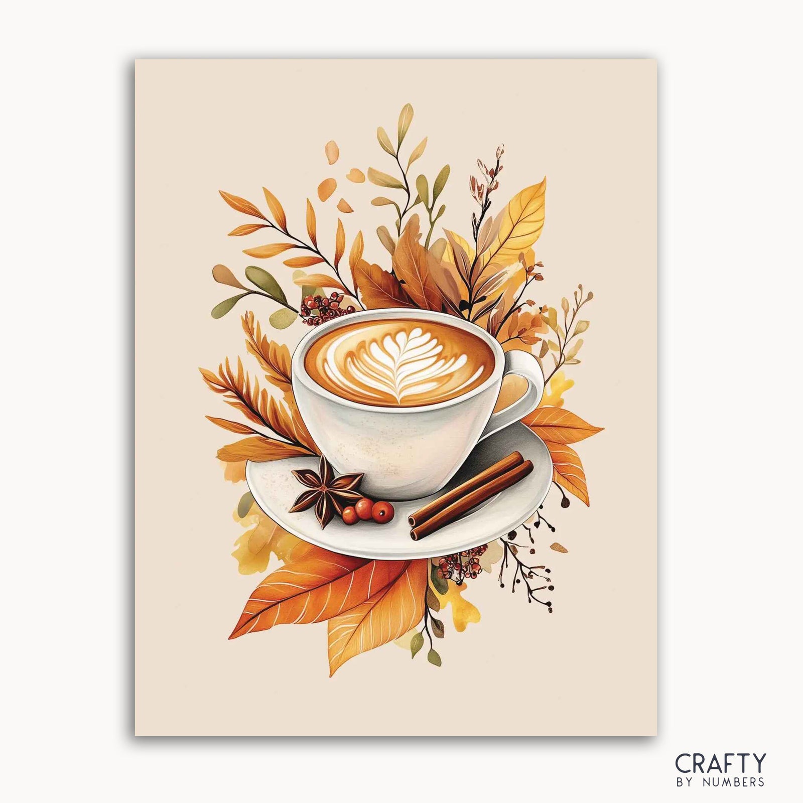 Ein Malen-nach-Zahlen-Set, das eine dampfende Tasse Kaffee oder Latte mit Herbstblättern, Zimtstangen und Anis auf weißem Hintergrund zeigt, Teil der Spooky Fall-Kollektion von Crafty by Numbers.