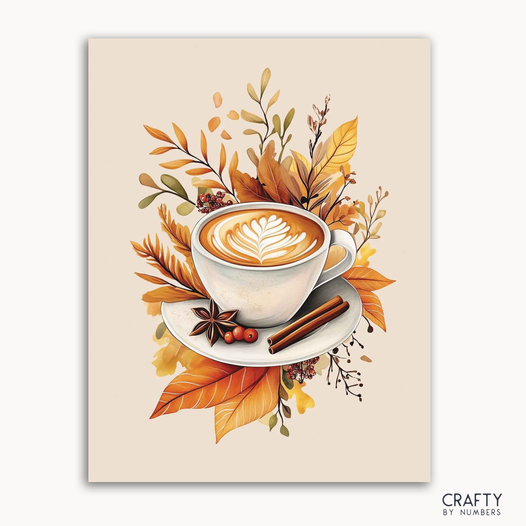 A paint-by-numbers kit depicting a steaming cup of coffee or latte with autumn leaves, cinnamon sticks, and anise on a white background, part of Crafty by Numbers' Spooky Fall collection.
