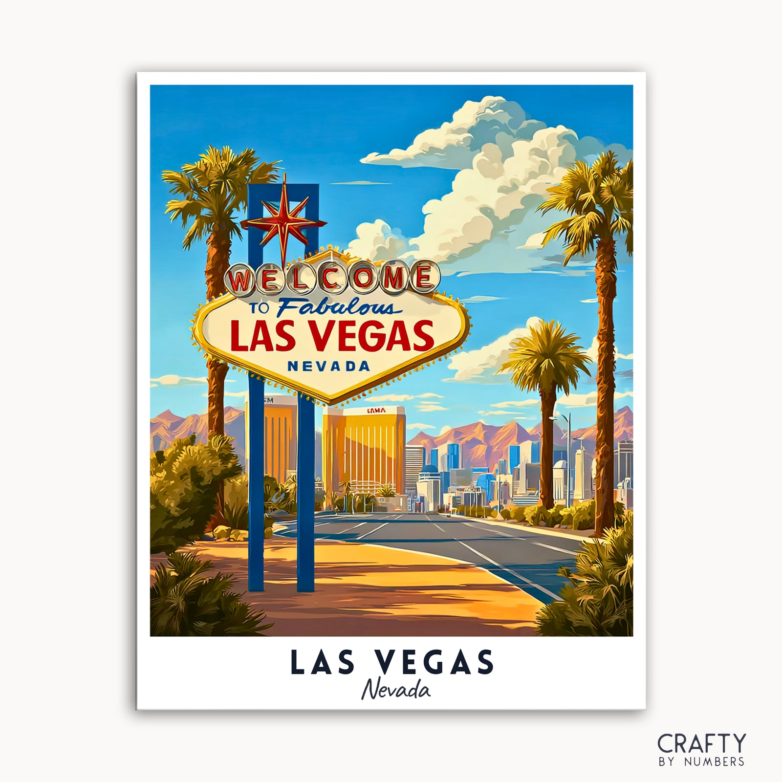Illustration des Las Vegas-Schildes mit Palmen und Stadtbild im Hintergrund.