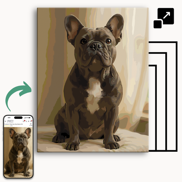 A custom paint by numbers kit, where a user can upload their own photo to create a personalized painting. The image shows a canvas with a child hugging a pet, indicating a custom painting based on a photo.