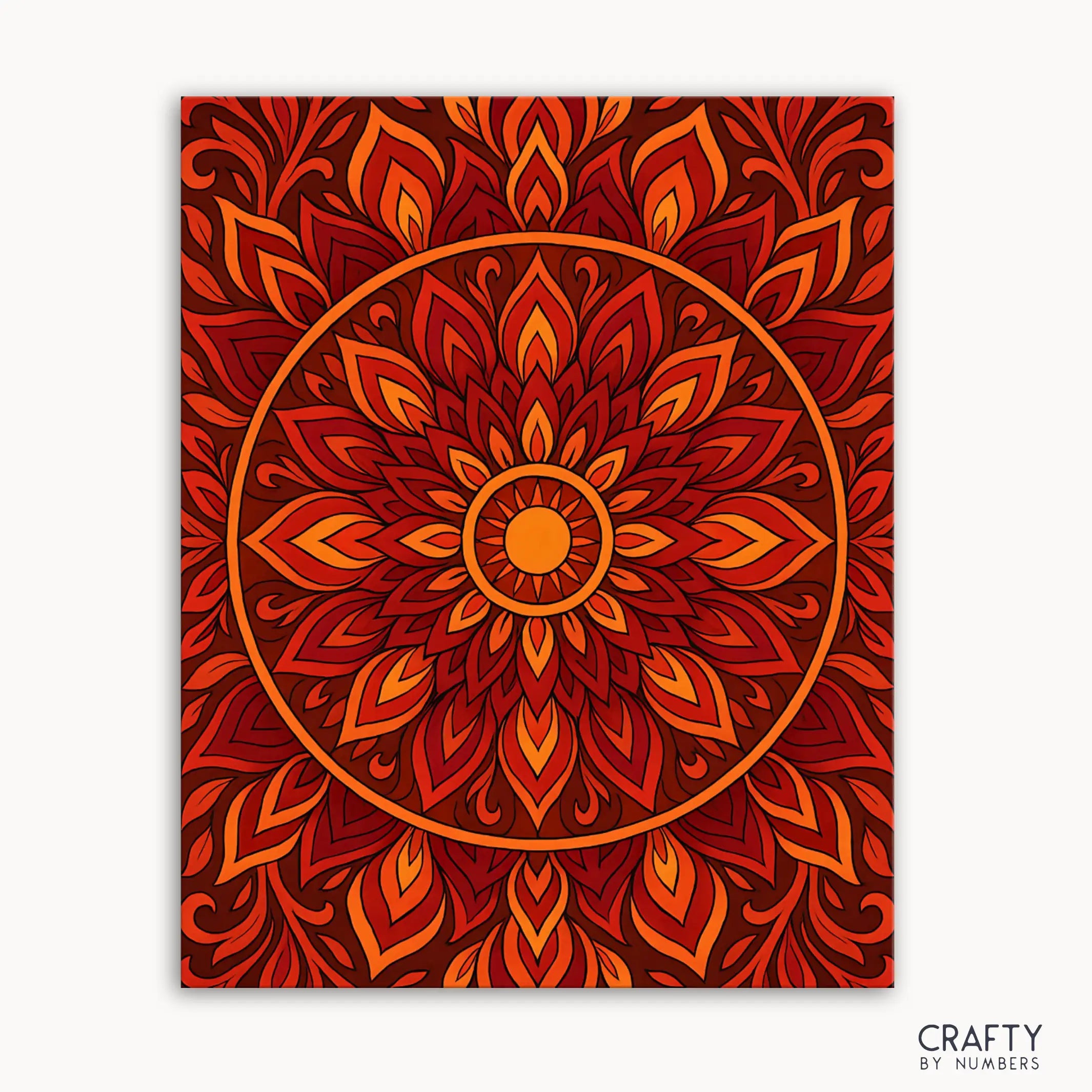 Mandala design with warm colors on a white background, featuring the brand 'Crafty by Numbers'.